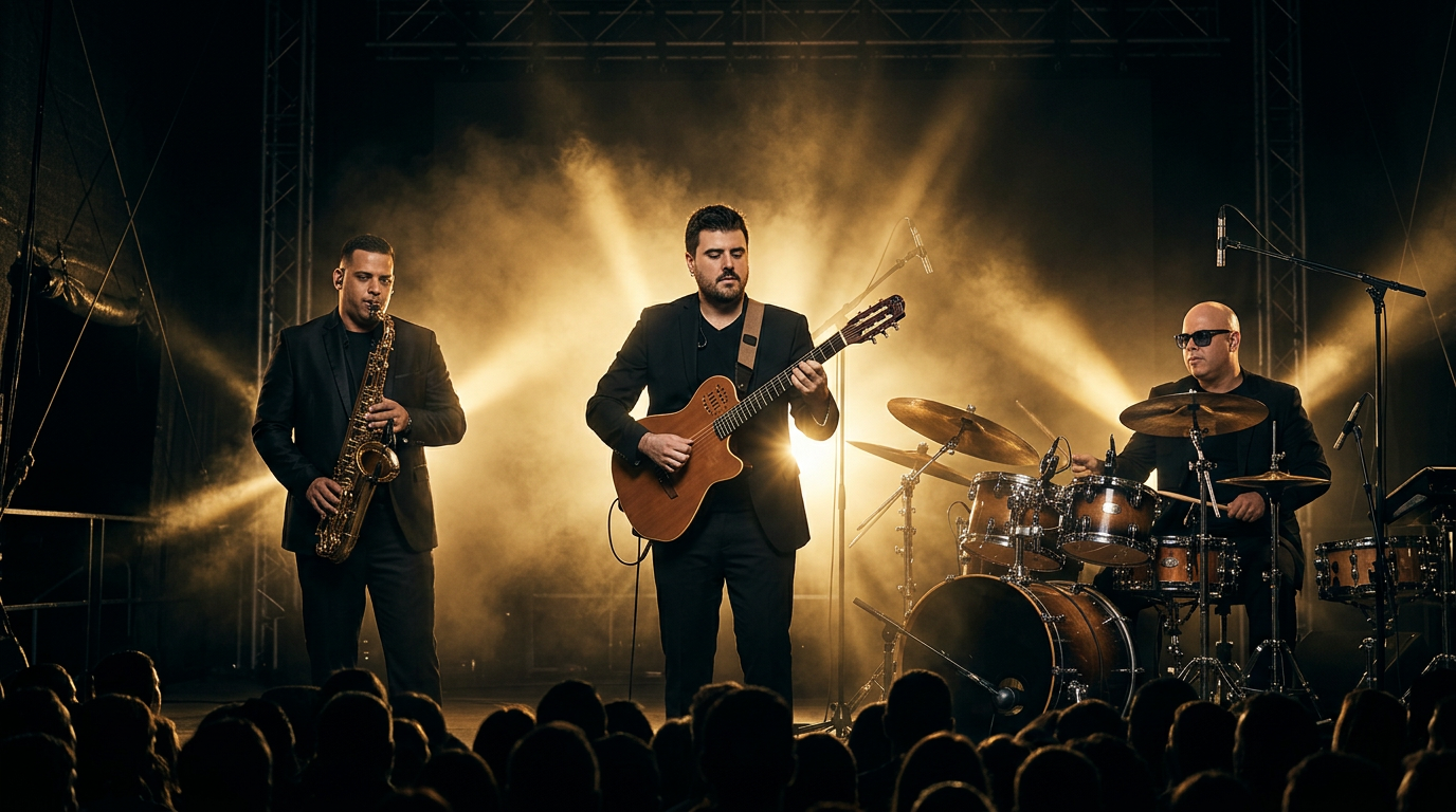 Consecuencia performing live under golden stage lights